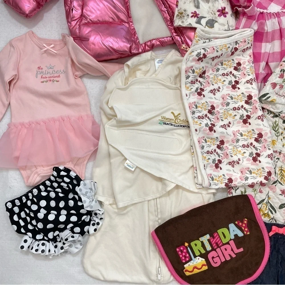 Baby Girl 17 pc bundle of cuteness! Tahari puffer coat Dresses swaddle, NB to 2T